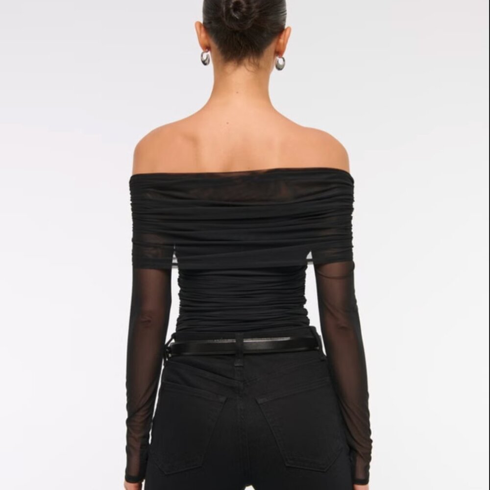 NWT, Abercrombie Long-Sleeve Mesh Foldover Bodysuit, Black, L - Picture 6 of 7